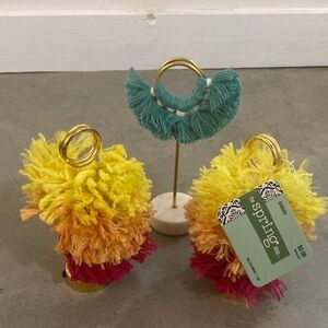 Three tassel sign photo  or card holders. Vibrant tropical cotton with gold loop